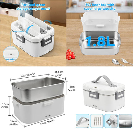 Electric Lunch Box 80W 1.8L Portable Food Warmer Stainless Steel Detachable Heating Bowl Large Capacity For Car Or Home