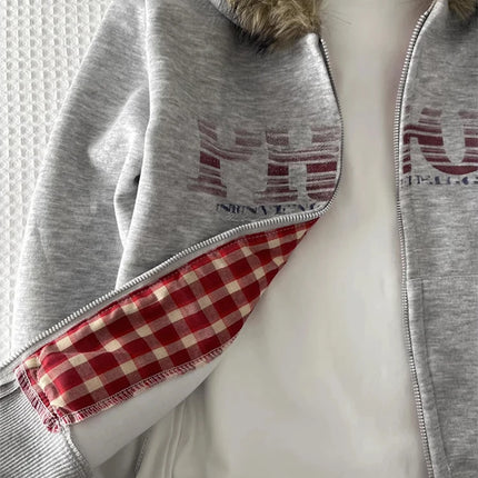 Women American Vintage Letter Print Jacket Antumn Winter Y2K Harajuku Faux Fur Hooede Hoodie Sweet Fashion Hot Girl Sweatshirt