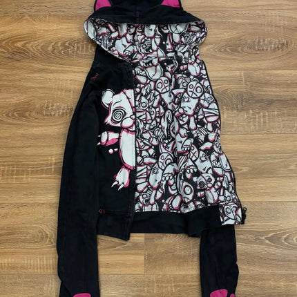 New Japanese Subculture Cat Ear Zipper Hoodie European and American Original Doll Print Cute Cool Double-sided Wearing Jacket
