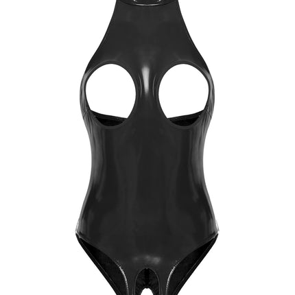 Women's Sexy Wet Look Open Chest Bodysuit Latex Catsuit Patent Leather Crotchless Jumpsuit Nightclub Clubwear Rave Party Costume
