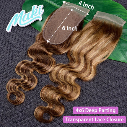 P4/27 Color 4x6 Transparent Lace Closure Highlight Body Wave 100% Human Hair Preplucked Bleached Knots Invisible Lace For Women