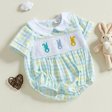 FOCUSNORM 2 Colors Lovely Baby Girls Boys Easter Romper Short Sleeve Doll Collar Bunny Embroidery Smocked Bodysuit Outfit