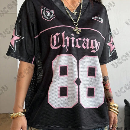 Summer New Chicago No.88 Print T Shirt For Women V-Neck Patchwork Short Sleeve Sports Football Jersey Y2K Loose Oversized Tops