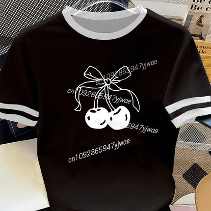 Women's Y2K Cherry Bow Graphic Printed T-shirt Round Neck Fashion Streetwear Top Summer Women's Casual T-shirt