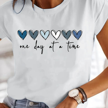Women'S Casual Graphic T-Shirt - It'S One Day at a Time Heart Print, Short Sleeve Round Neck Top for Spring & Summer