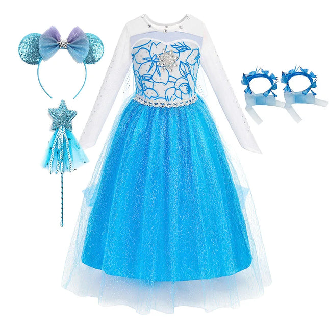 Children Carnival Blue Sequins Elsa Cosplay Dress Girls Elegant Blue Princess Costume Kids Halloween Birthday Party Clothes