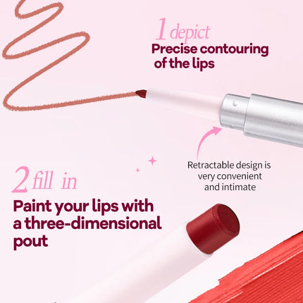 O'CHEAL Double-Headed Matte Lipstick Lip Liner 2 IN 1 24 Hours Long Lasting Sexy Red Lip Lipstick Lipliner Pencil Makeup