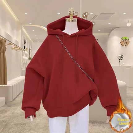 Women's Fleece Lined Hoodie Loose Fit Winter Pure Color Oversize Middle School Style American Korean Jacket Versatile Sweatshirt