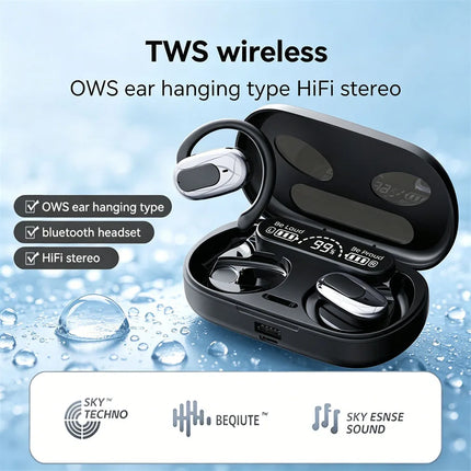 Bluetooth Headsets Electroplated Ear Hook Wireless Sports Earphone HiFi Stereo Long Battery Life Digital Display Open Headphones