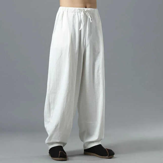 Baggy Cotton Linen Pants Men Casual Wide leg Oversize Jogger Trousers Vintage Drawstring Sport Sweatpants Male 2025
