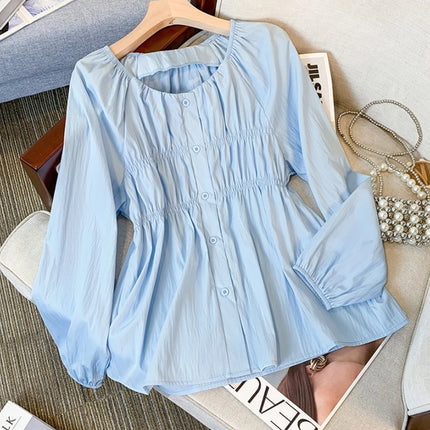 Plus Size Long Sleeve Shirt Spring Autumn 2026 Solid Color Round Collar Korean Blouses Large Size Casual Puff Sleeve Tops