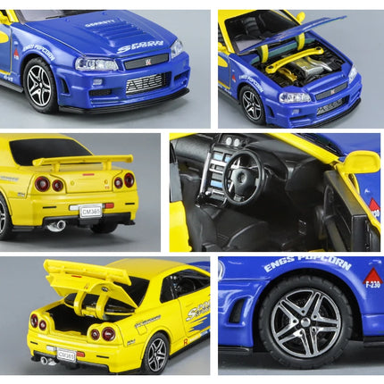 1:32 Scale GTR R34 R35 Diecast Model Alloy Toy Sport Cars Sound Light Pull Back high simulation Kid Birthday Gift Collect