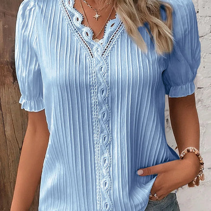 Women's Summer New Top Solid Sexy V-Neck Hollow Short Sleeve Shirt Fashion Splice Plus Size Blouse Loose Street Apparel