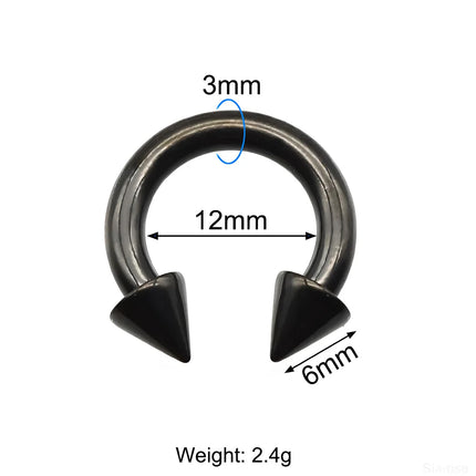1Pc Large Gauge Black Stainelss Steel Horseshoe Ring with Spike Circular Barbell Piercing Nose Rings Cone Piercing Septum Rings