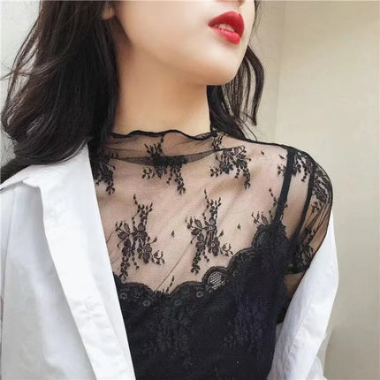 Women's Half High Collar Lace Blouse Spring And Autumn Hollow Mesh Top Sexy Western-style Long Sleeve T-shirt Crop Top