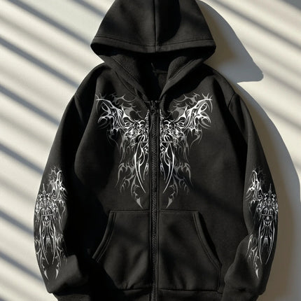 Best-selling Original Dark-style Printed Design Zipper Hooded Sweatshirt, Trendy Street Fashion Trend Zipper Hooded Sweatshirt