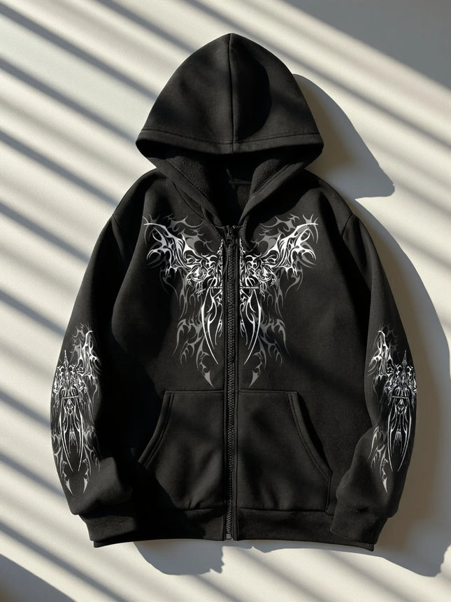 Best-selling Original Dark-style Printed Design Zipper Hooded Sweatshirt, Trendy Street Fashion Trend Zipper Hooded Sweatshirt