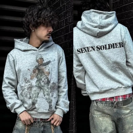 European and American Autumn and Winter Sports Hooded Pullover Retro Printing Pictures Men and Women Same Grey Loose Hoodie