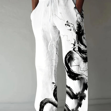 Spring Summer New Men's Cool Touch Trousers Dragon Print Stretch Breathable Trousers Hawaii Beach Drawstring Trousers