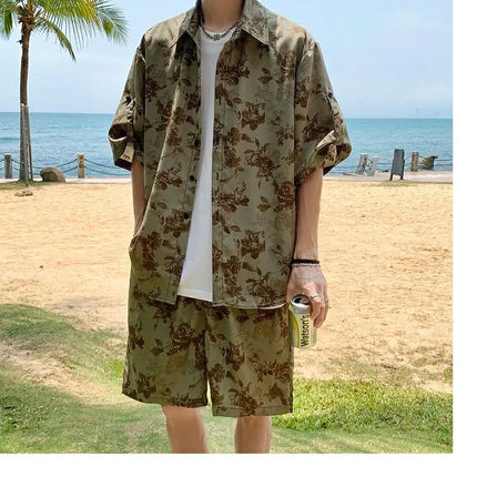Loose Straight Leg Five-Quarter Beach Pants or Short Sleeve Printed Shirt Beach Travel Men's Fashion Floral Patterned Two-Piece Set