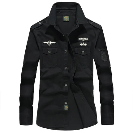 2025 New  Military Shirt Men Long Sleeve Casual Dress Shirt Male Cargo Work Shirts With Embroidery 115