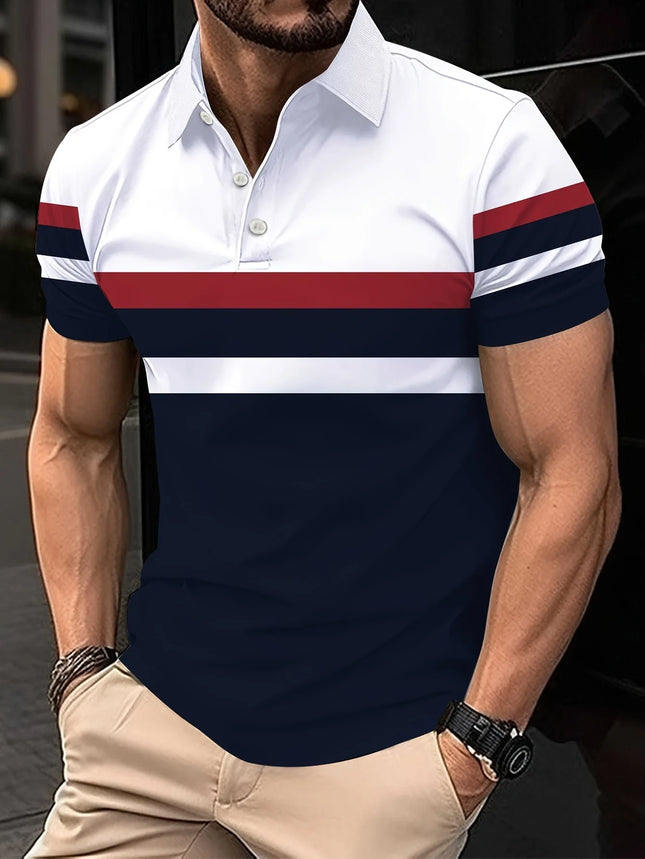 The 2025 summer new men's POLO shirt features a casual fashionable comfortable and breathable 3D striped pattern print