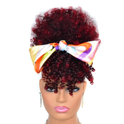 Afro Puff Kinky Curly Ponytail Wig with Bangs Drawstring Ponytail Per-Bundled Extension For Black Women Synthetic Hair ﻿
