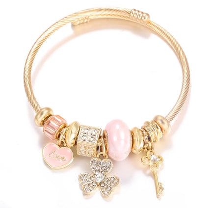 New Trendy 4 Colors Heart Shape Painted Pendant Closure Beaded Bracelet Golden Stainless Steel Women Bracelet 2025 Charm Jewelry