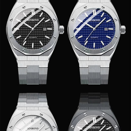 BINBOND Men's Watch Top Brand Royal Casual Men Big Dial Silver Stainless Steel Calendar Quartz Wristwatch Classic Luminous B0233