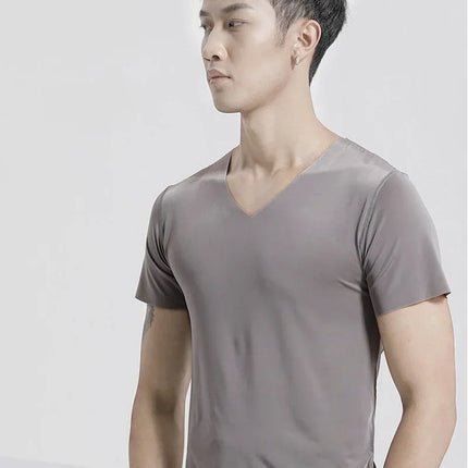 Summer Seamless Breathable Ice Silk T-Shirt Fashion Vest Men's Sports Short Sleeve T-shirt Ice Silk Solid Color V-neck Tees