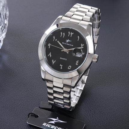 A quartz wristwatch with a stainless steel strap and personalized dial, equipped with a date display function. The simple and atmo
