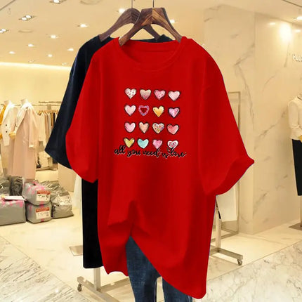 Summer Fashion Hand-Painted Love Printing Basic T-shirt Women Cotton Casual Loose O-neck Short Sleeve Top Tee 40-105Kg Pullovers