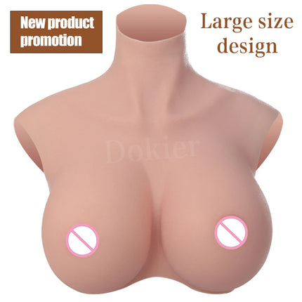 Dokier H R S Cup Oversize plus Realistic Silicone Breast Forms Fake Boobs Breast Plates[Round neck silicone filled boobs