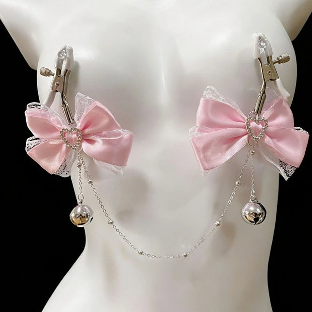 Pink Bow Bell Nipple Clamps Reast Punishment BDSM Training Erotic Collar and Chain 2 Styles To Choose From Adult Sex Toys 18+