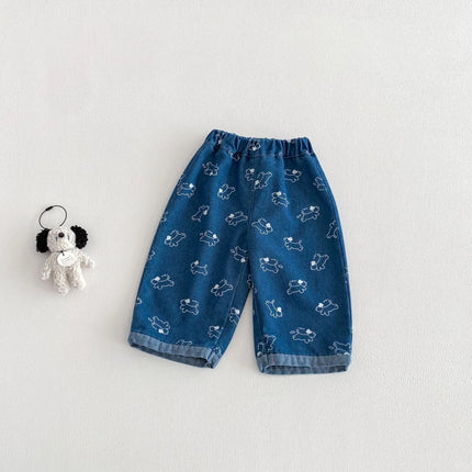 2026 Spring Kids Jean Star Pants Korean Style Boys Girls Denim Pants Full of Puppy Print Casual Toddler Boys Straight Trouseres