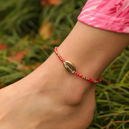 1 Seaside Beach Style String Color Bead Crystal Shell Ankle Ankle Anklet Women's All-match Leisure Travel Party Simple Body Gold