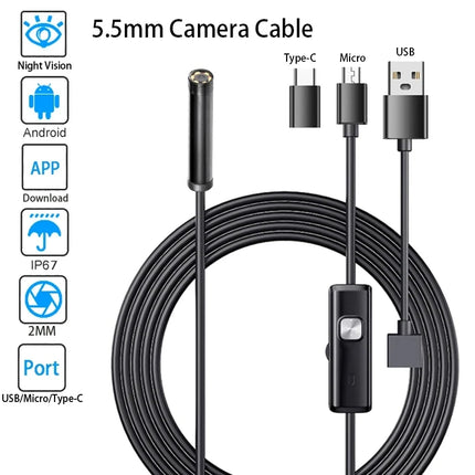 5.5MM Android Endoscope Camera 3 IN1 Micro USB Type C Borescope Mini Camera Waterproof LED Car Inspection For HUAWEI XIAOMI PC