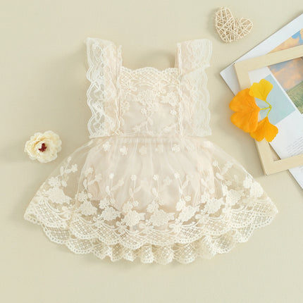 Baby Girls Summer Romper, Plain Floral Lace Embroidery Skirt Layered Adjustable Straps Bodysuits, Snap Triangle-Bottom Jumpsuit