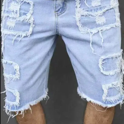Men's denim shorts with summer frayed elastic men's casual pants slim-fit European-style shorts tight and worn-out men's pants