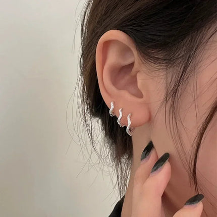 2PCS Stainless Steel Minimal Wave Hoop Earrings Crystal Zirconia Small Huggie Ear Rings for Women Piercing Jewelry