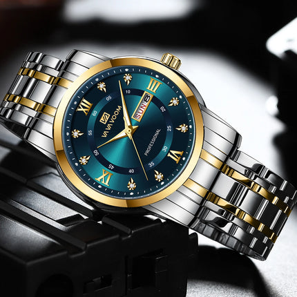 VA VA VOOM Luxury Watch Men Gold Blue Rhinestone Stainless Steel Business Style Original Quartz Movement Week Couple Men Watches
