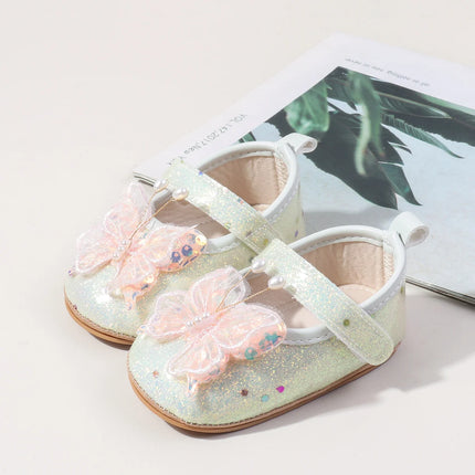 Shiny 3D Butterfly Princess Dress Shoes for Baby Girl Glitters Flats Non-Slip Crib Shoes Walking Shoes for Toddlers Infants