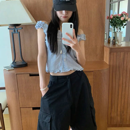 Korean Sle ort Striped Vest Women Summer Outerwear Subtle Design Single Button Lobone Trendy Age-Defng Top