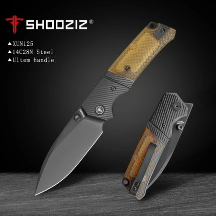 Shooziz XUN125, Folding Pocket Knife for Man,PVD/Satin 14C28N Steel for Outdoor Camping EDC Tool,Ultem/G10 Handle