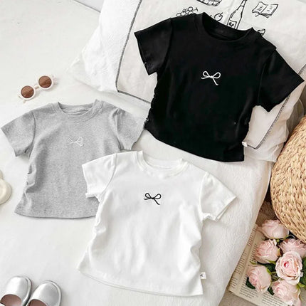 Korean Summer Bowknot Casual Short Sleeve T-shirts for Kids 0-12 Years Cotton Toddler Girl Tops Baby Girls Tees Students Clothes