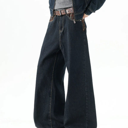 New Washed Straight Jeans Men's Trendy Solid Color American Style Wide Leg Denim Trousers Versatile Casual Pants