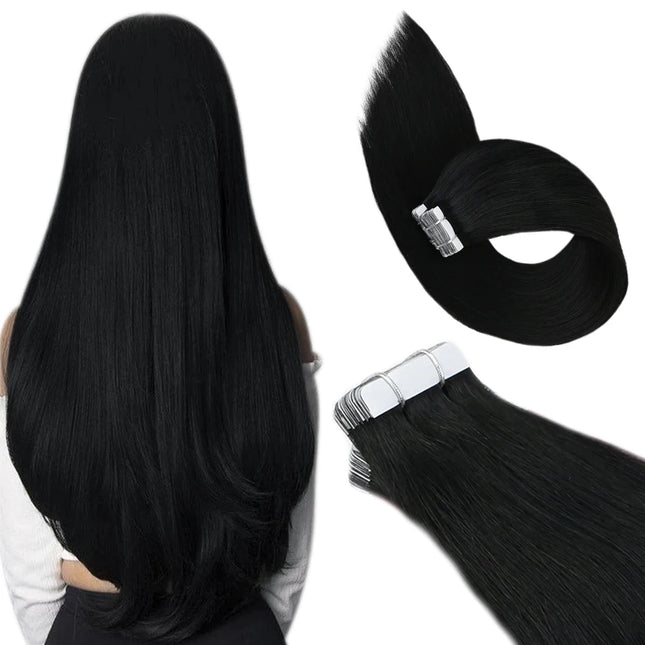 Human Hair Tape-In Extensions, Silky Straight, Natural Color #2 Brown, Invisible, 100% Real Human Hair Tape-In