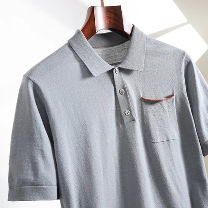 Spring and Summer New Polo Collar 100% Fine Wool Short Sleeve Men's Business Casual T-Shirt with Turn-down Collar and Pocket
