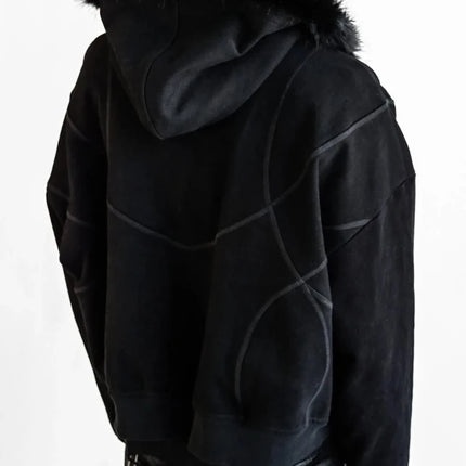 Dark Gothic Solid Color Plush Hat Collar High Street Hip Hop Long Sleeve Hoodies 2000s Autumn Winter Warm Windproof Loose Coat
