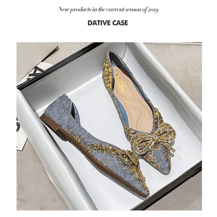 Women Flat Elegant Fashion Women Flat Fashion Ballet Shoes Ladies Bling Crystal Bow Tie Pointed Toe Flats Shoes Zapatos De Mujer